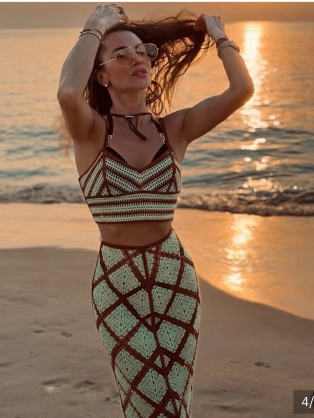 Elegant Green and Brown crocheted Checkered Skirt and top set - Picture 2 of 16